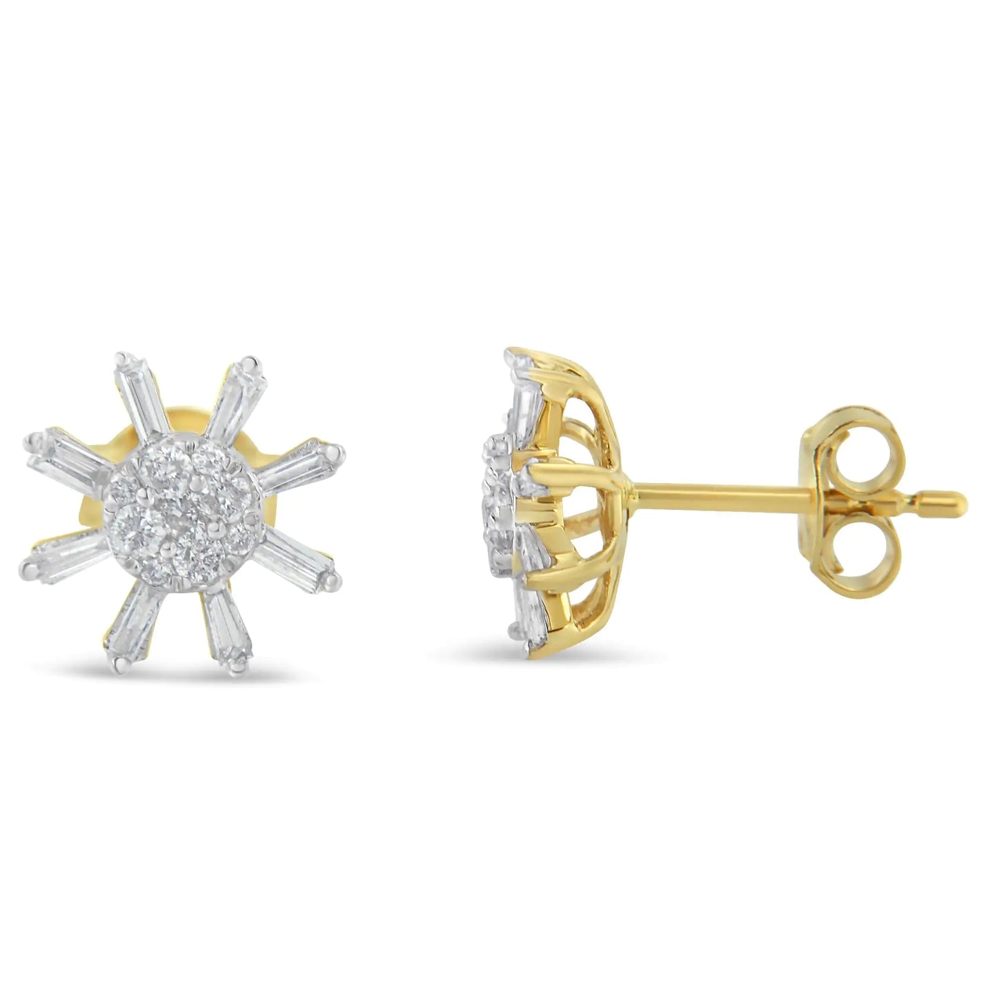 Boucles d'oreilles clous en or jaune 10k avec diamants ronds et baguettes (0,50 ct, couleur H-I, clarté I2-I3)