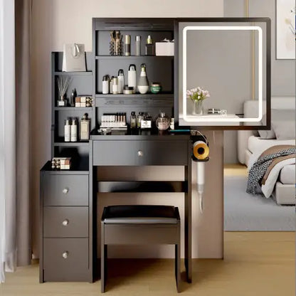 Small Space Left Bedside Cabinet Vanity Table Cushioned Stool, Power Station, Hair Dryer Bracket