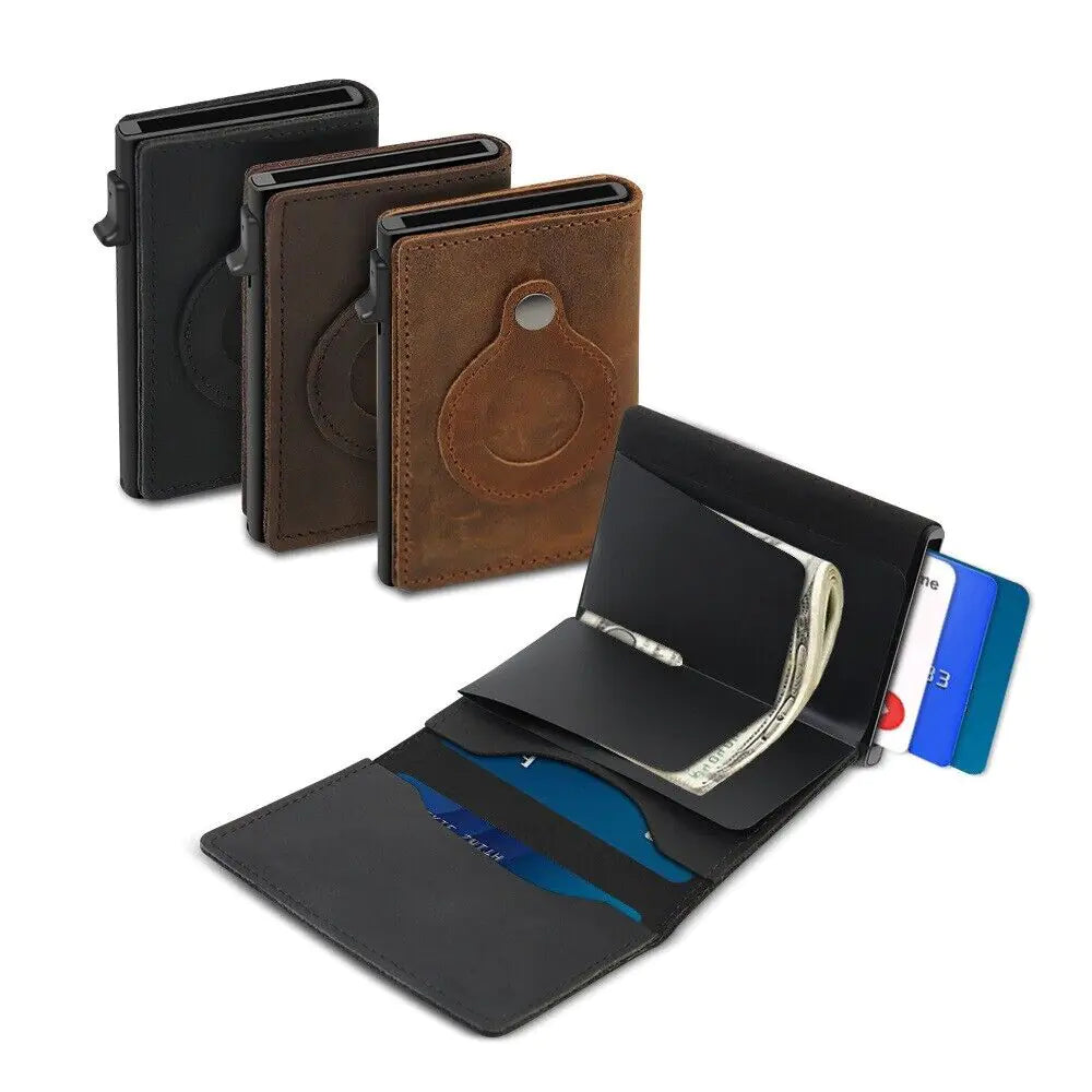 For Airtag Wallet Case Genuine Leather Credit Card Holder Magnetic Air Tag Cover