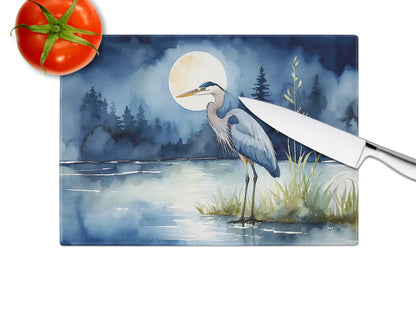 Blue Heron Under the Moonlight Glass Cutting Board