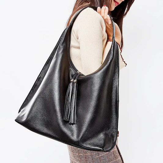 European And American Fashion Tassel Top Layer Cowhide Shoulder Big Bag