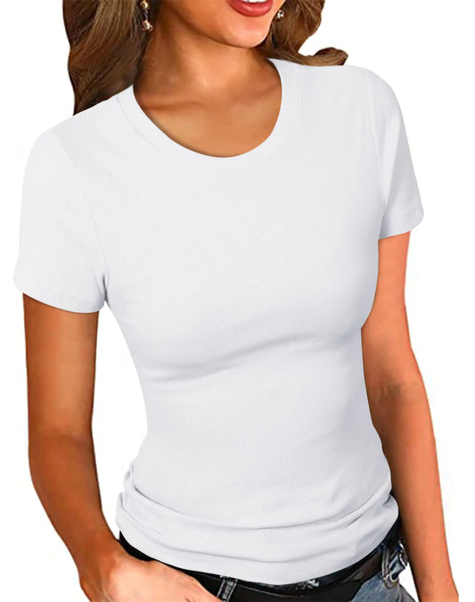 PALINDA Women's Crew Neck Ribbed Fitted Shirt Basic Short Sleeves Summer T Shirt Tops Medium White