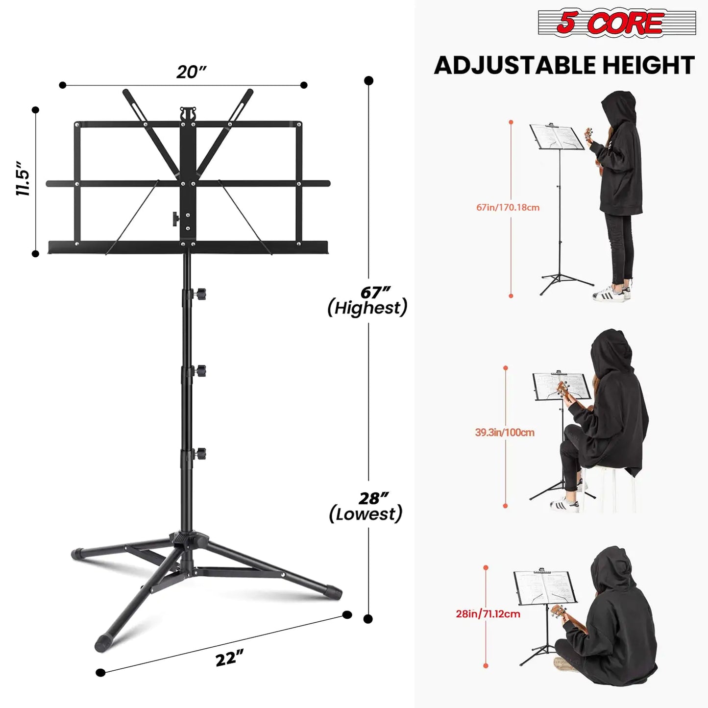 Suporte Musical 5Core para Partituras Portátil Tripé Ajustável e Dobrável Porta-Notas Preto Superior