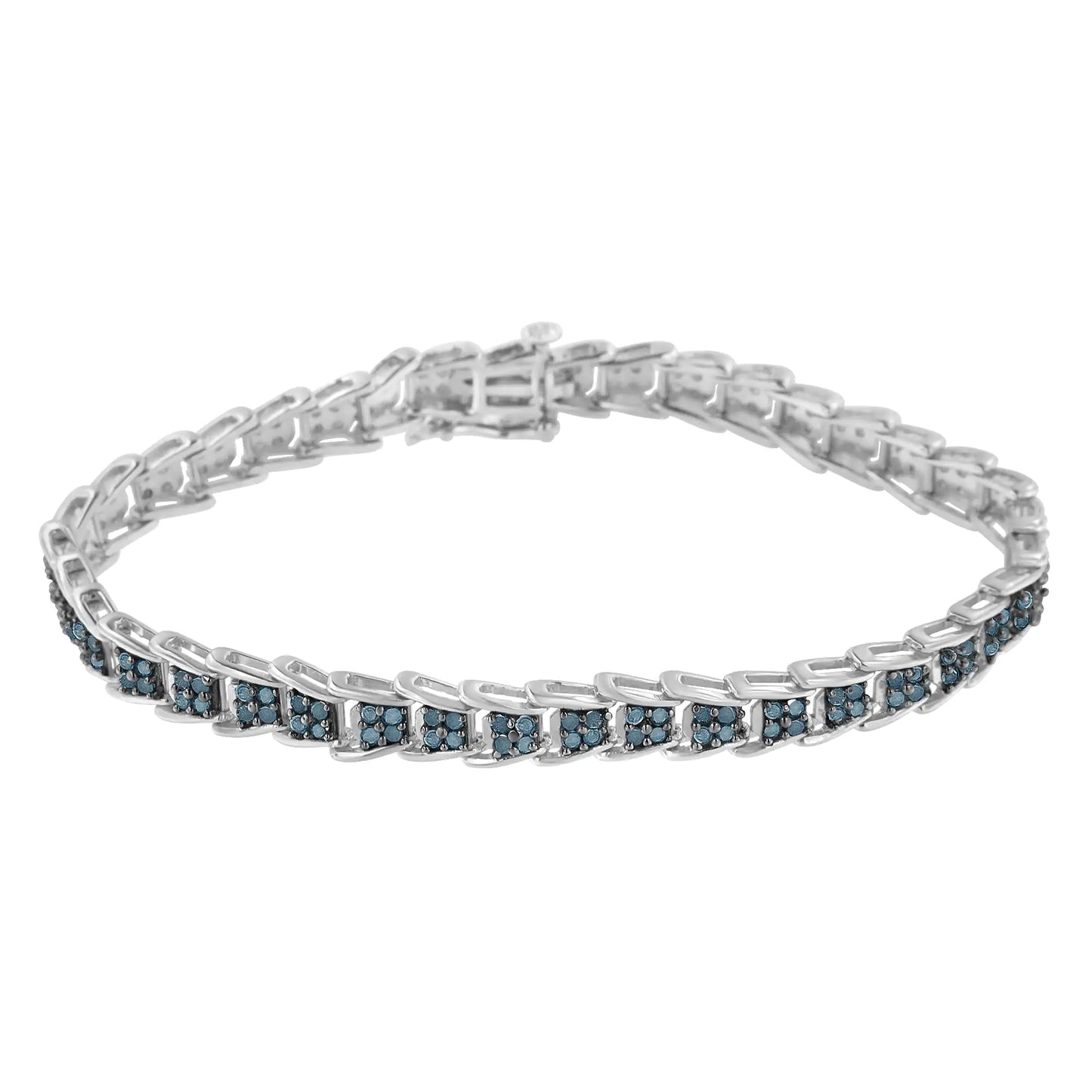 Pulsera de Tenis de 7'' en Plata de Ley .925 con 2 Quilates de Diamantes Azules Tratados en Forma de Abanico de Eslabones Anidados (Color Azul, Claridad I3) - Tamaño 7