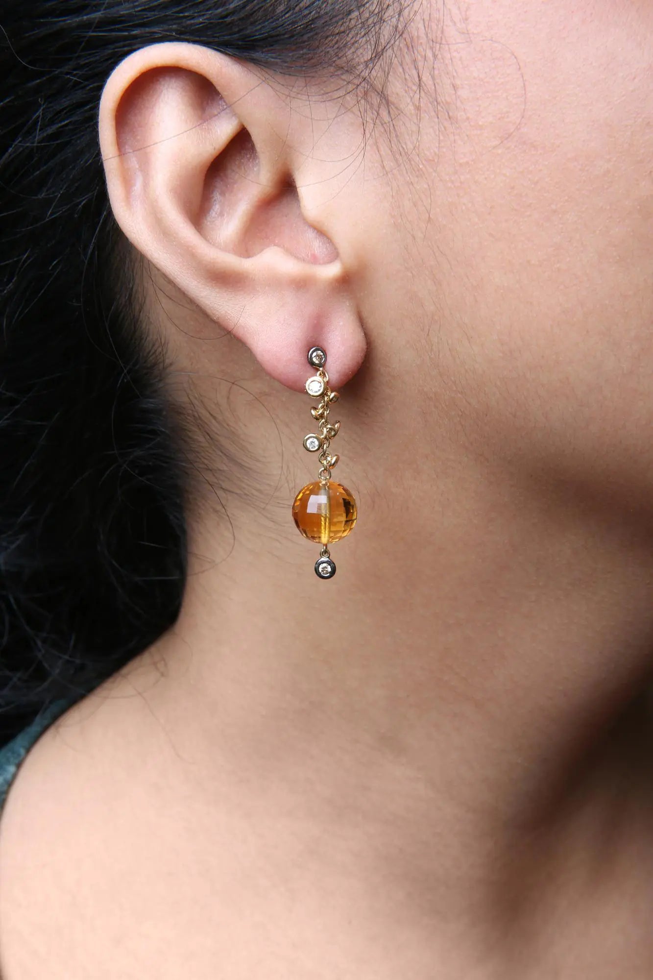 18K Yellow Gold 2/3 Cttw Round Bezel Diamond and 25mm Ball Shaped Yellow Citrine Gemstone Dangle Stud Earring (Brown and G-H Color, SI1-SI2 Clarity)