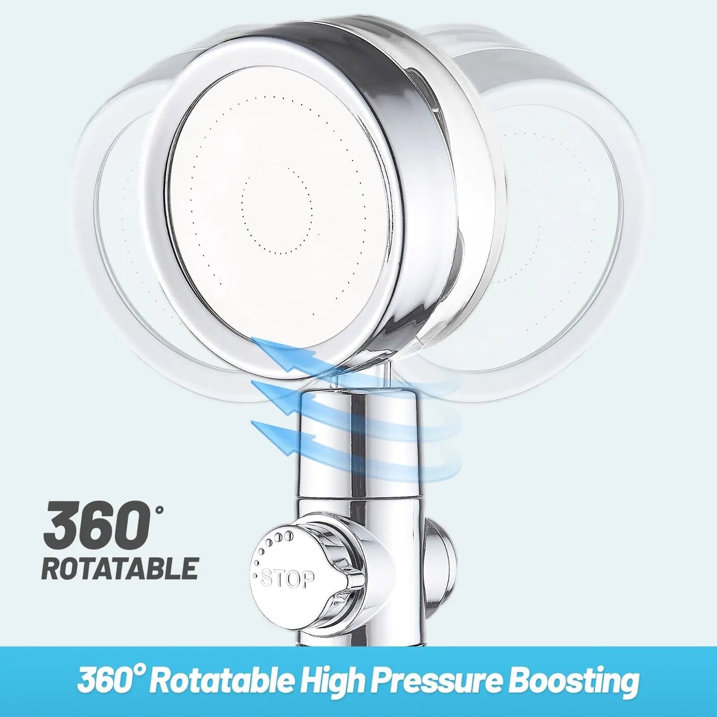 High Pressure Shower Head Adjustable 360° Rotation Turbine Water Saving Shower