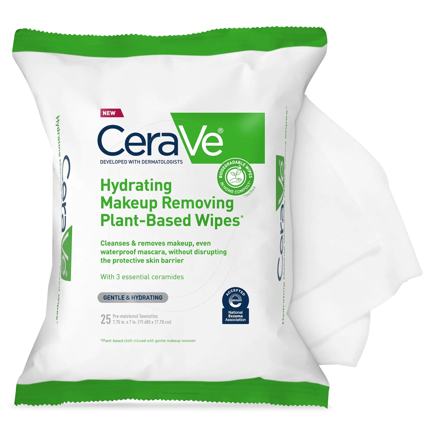 CeraVe Hydrating Facial Cleansing Makeup Remover Wipes| Plant Based Face Biodegradable in Home Compost| Wash Cloth| Suitable for Sensitive Skin| Fragrance-free Non-comedogenic| 25 Count