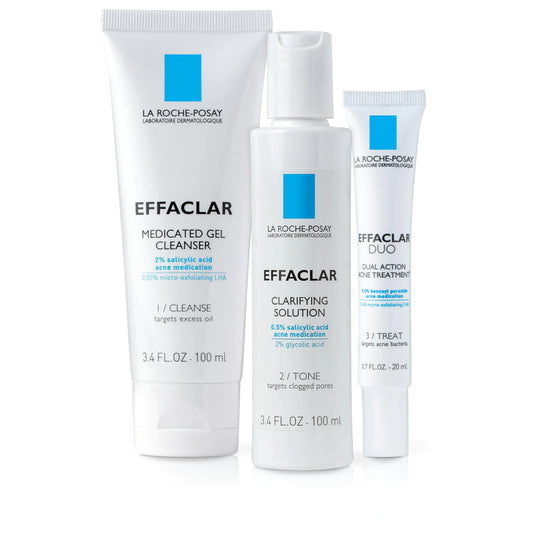 La Roche-Posay Effaclar Dermatological 3 Step Acne Treatment System, Salicylic Acid Acne Cleanser, Pore Refining Toner, and Benzoyl Peroxide Spot Treatment for Sensitive Skin, 2-Month Supply