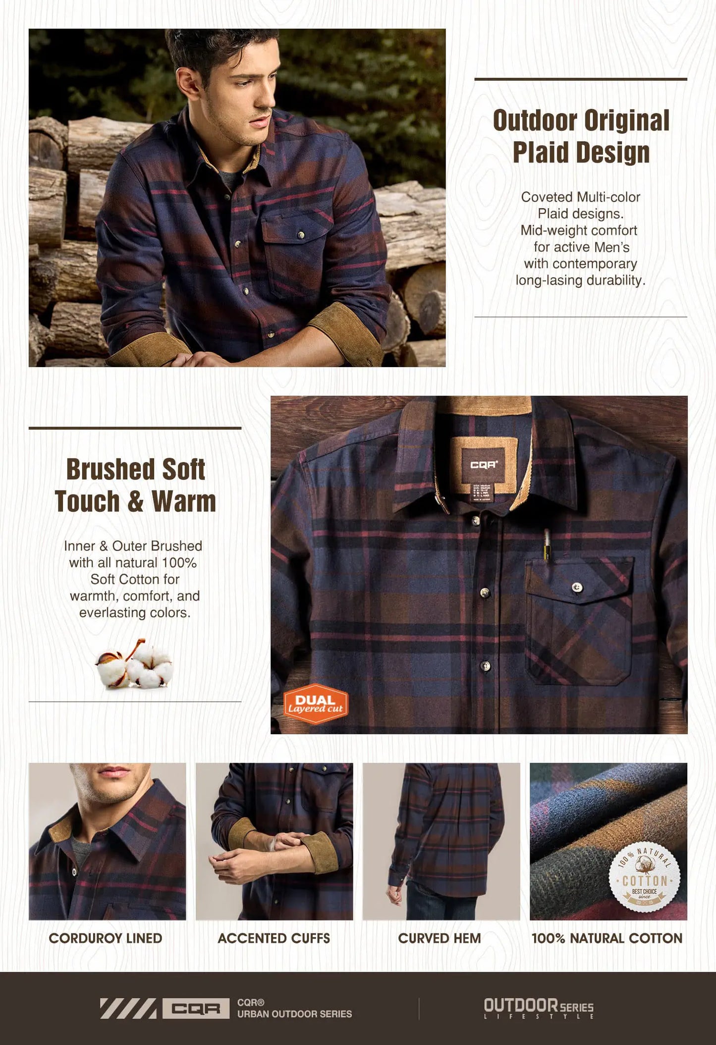 CQR Men's All Cotton Flannel Shirt, Long Sleeve Casual Button Up Plaid Shirt, Brushed Soft Outdoor Shirts X-Small Plaid Woods Night