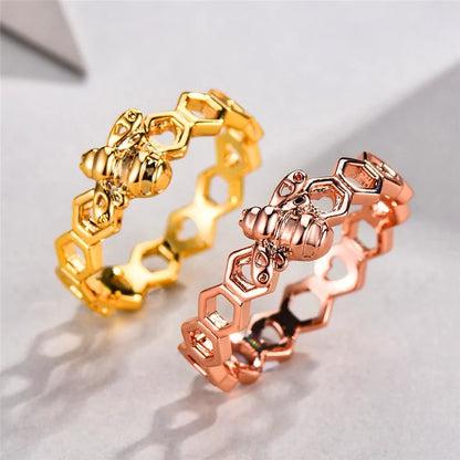 Gold and Rose Gold Colored Honeycomb Ring with Bee Accent