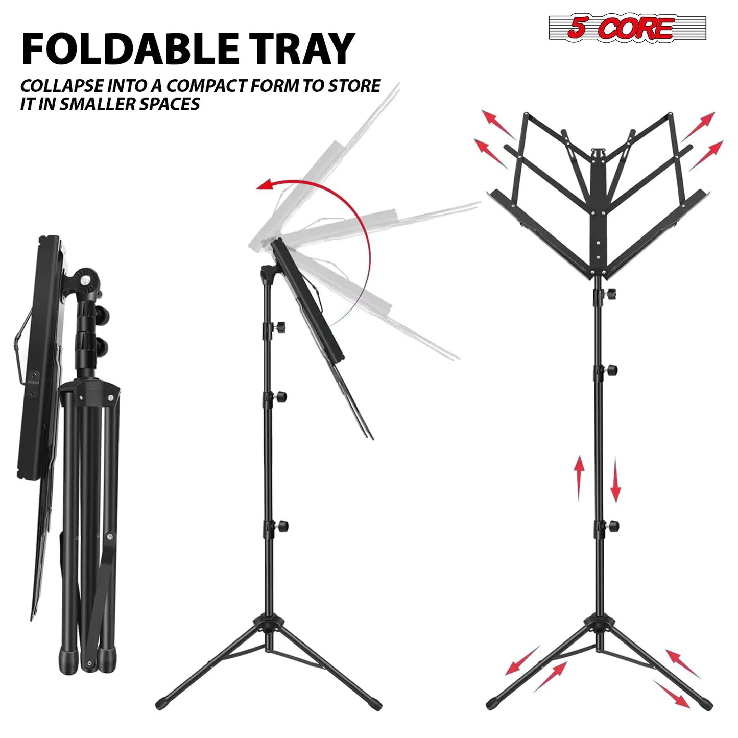 Suporte de Música 5Core Para Partituras Portátil Tripé Ajustável Dobrável com Luz Suporte para Notas PRETO