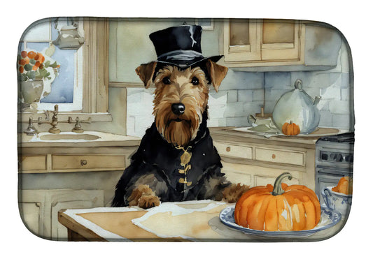 Airedale Terrier Fall Kitchen Pumpkins Dish Drying Mat