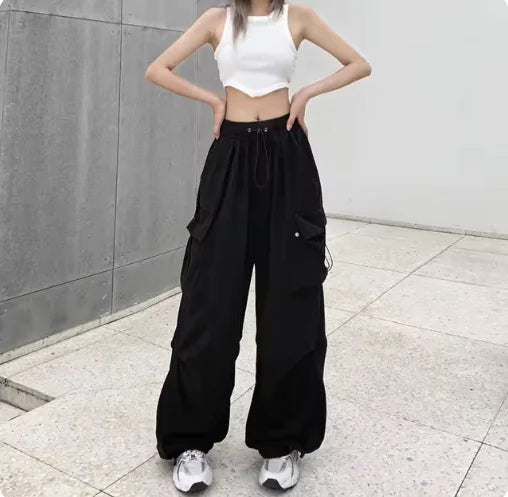 Retro Wide-Leg Casual Pants with Corset Detail and Large Pockets