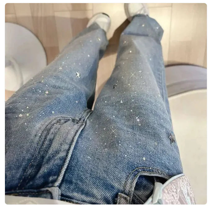 High-Waist Rhinestone Straight-Leg Jeans