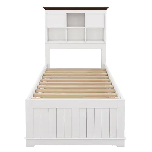 Solid Pine Captain Bookcase Bed With Trundle Bed And 3 Spacious Under Bed Drawers In Casual,Twin, White Walnut