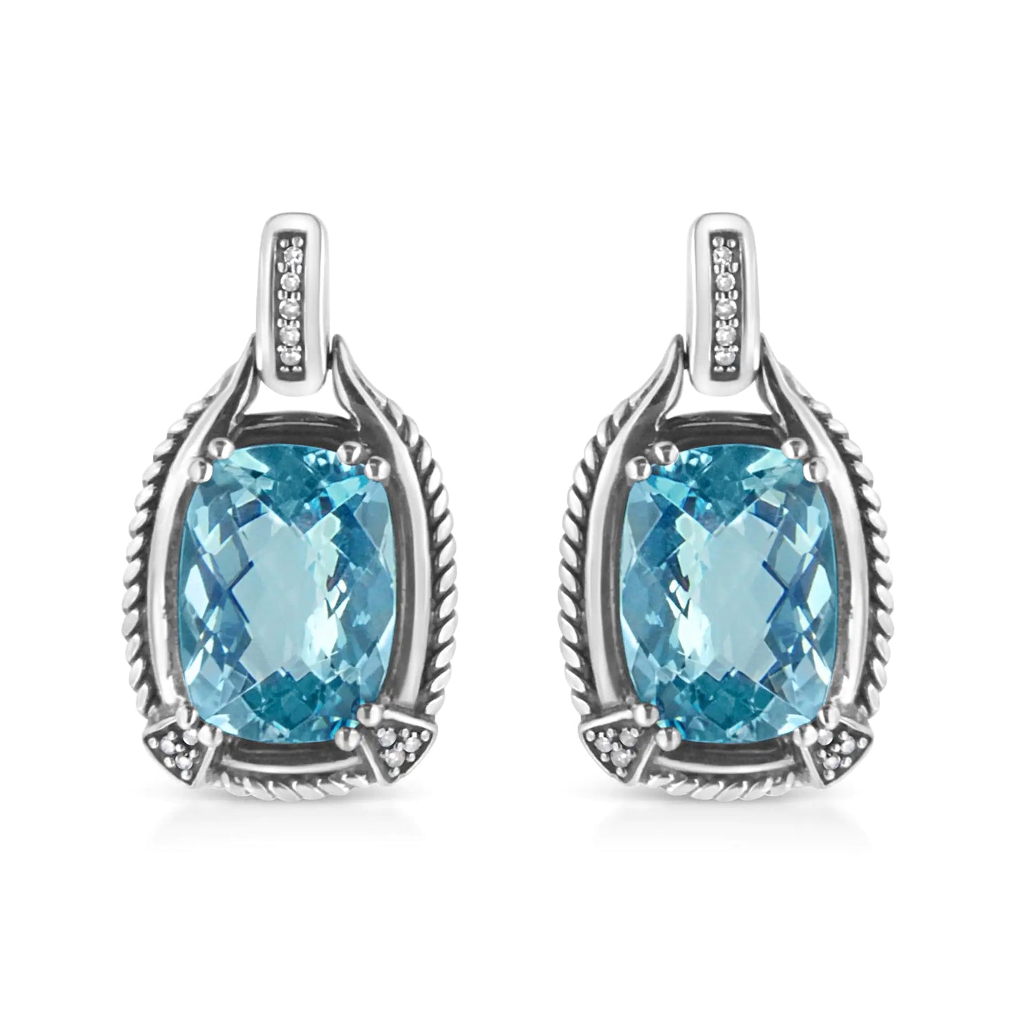 Boucles d'oreilles pendantes en argent sterling .925 avec topaze bleue de taille coussin 14x10MM et accent de diamants (Couleur I-J, Clarté I1-I2)