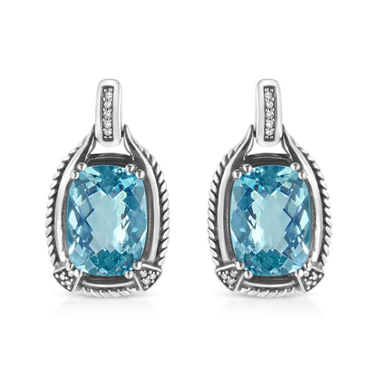 Boucles d'oreilles pendantes en argent sterling .925 avec topaze bleue de taille coussin 14x10MM et accent de diamants (Couleur I-J, Clarté I1-I2)