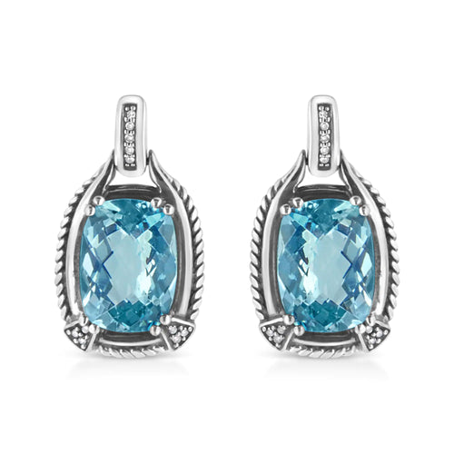 Boucles d'oreilles pendantes en argent sterling .925 avec topaze bleue de taille coussin 14x10MM et accent de diamants (Couleur I-J, Clarté I1-I2)