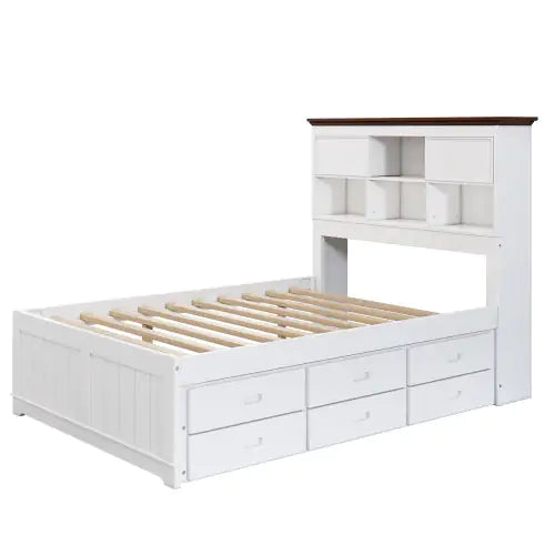 Solid Pine Captain Bookcase Bed With Trundle Bed And 3 Spacious Under Bed Drawers In Casual,Full, White Walnut