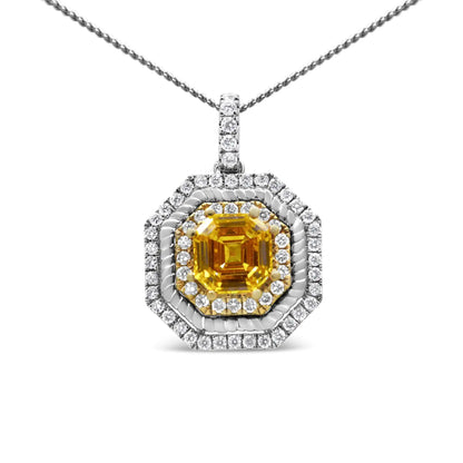 18K Weiß- und Gelbgold 2 1/4 Cttw Laborgezüchteter Gelber Asscher Schliff Diamant Art Deco Stil Halo 18" Anhänger Halskette (Gelb/G-H Farbe, VS1-VS2 Reinheit)