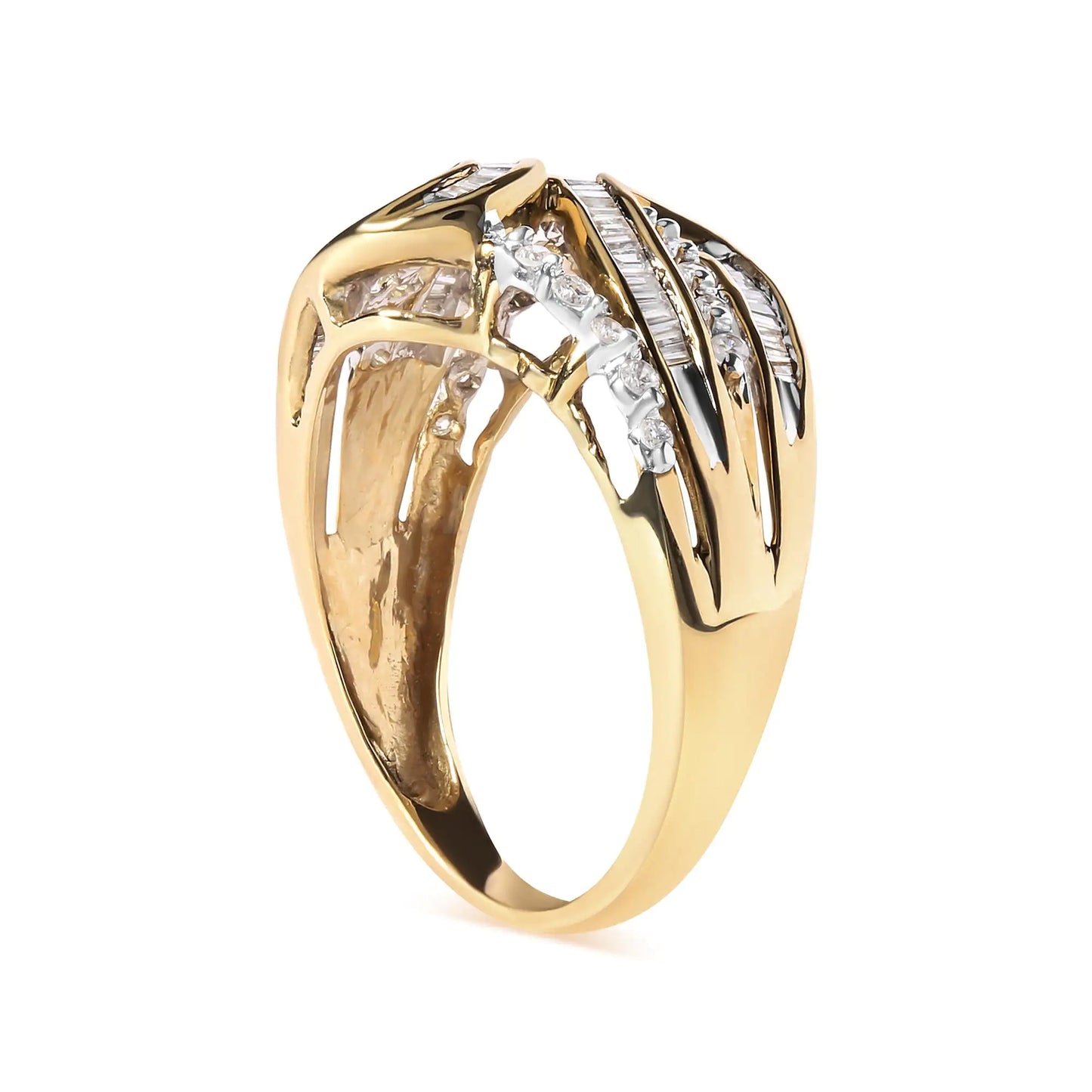 10K Yellow Gold 1/2 Cttw Round and Baguette cut Diamond Open Space Bypass Ring (H-I Color, SI2-I1 Clarity)