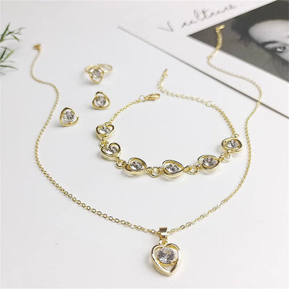 Luxury Cutout Heart Colored Zircon Stud Earring Bracelet Necklace