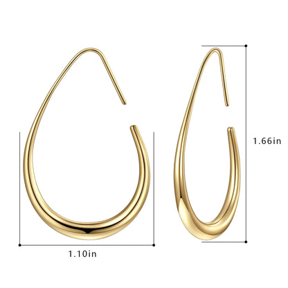 Lightweight Teardrop Hoop Earrings for Women - 14k Gold/White Gold Plated Large Oval Pull Through Hoop Earrings High Polished Statement Jewelry Gift for Women