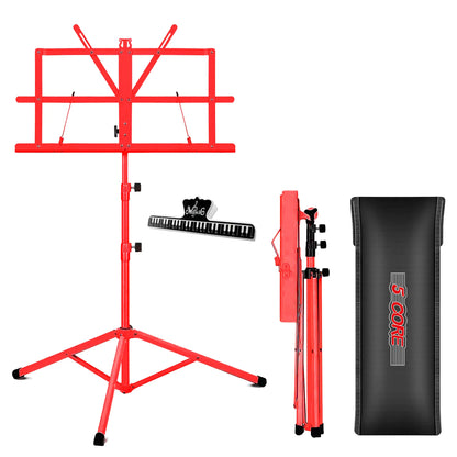 Suporte para Música 5Core para Partituras, Portátil, Tripé Ajustável e Dobrável com Porta-notas VERMELHO