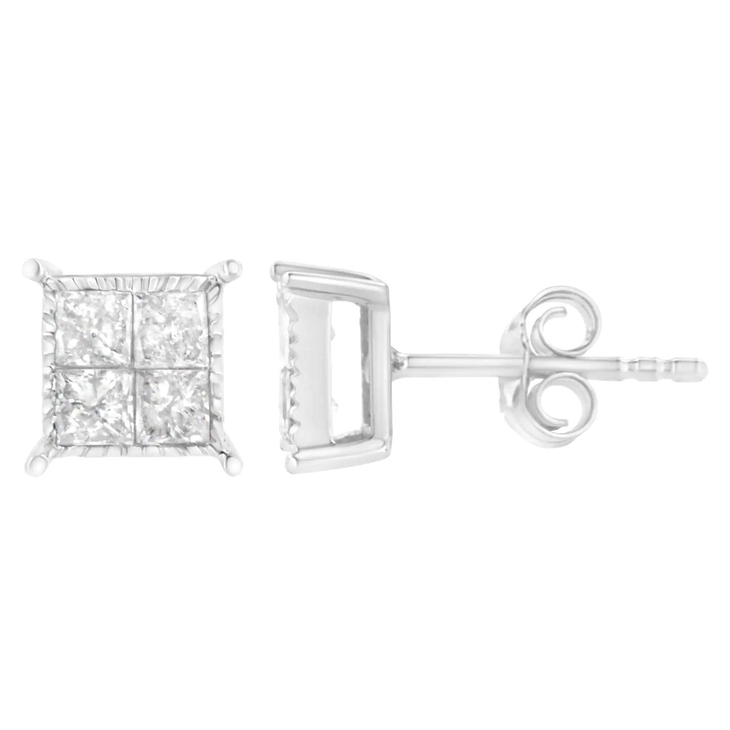 Boucles d'Oreilles Carrées en Or Blanc 10K avec Diamant de Coupe Princesse (3/4 cttw, Couleur I-J, Clarté I2-I3)