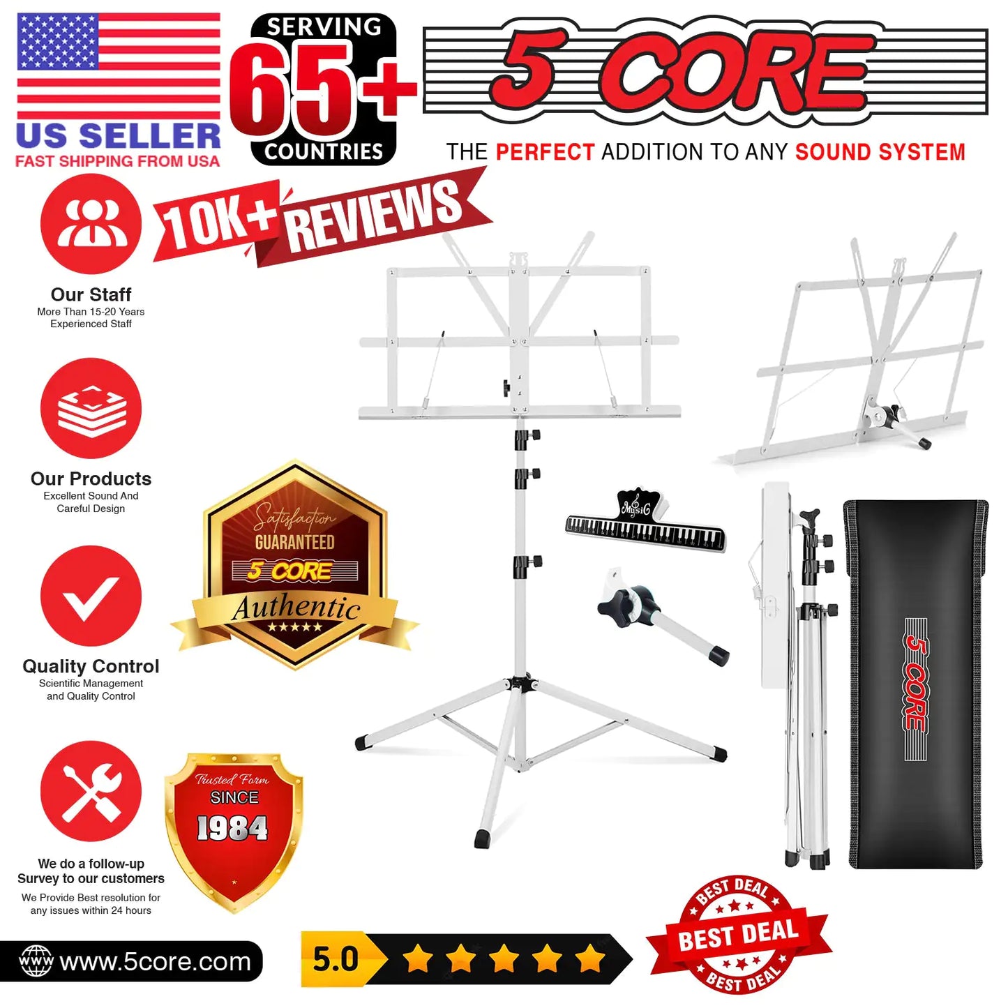 Suporte de Música 5Core para Partituras de Música Portátil com Tripé Ajustável e Dobrável, Suporte para Notas Mais Alto Branco