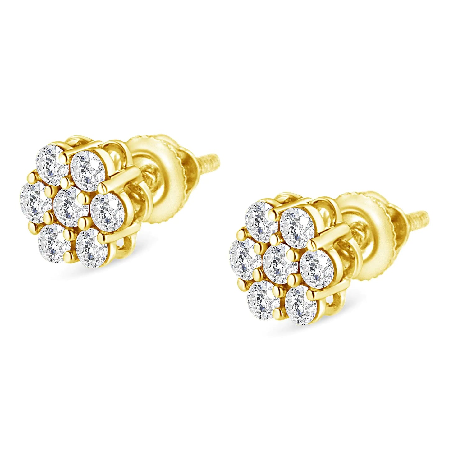 14K Yellow Gold 1/2 Cttw Round Brilliant Cut Diamond Floral Cluster Screwback Stud Earrings (I-J Color, SI2-I1 Clarity)