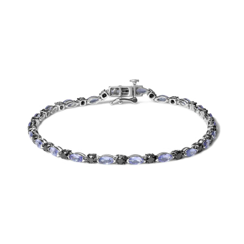 .925 Sterling Silber Armband mit 1 1/2 Cttw Schwarzen Diamanten und Blauem Tansanit (I2-I3 Reinheit, Schwarze Farbe) - Größe 7,25"