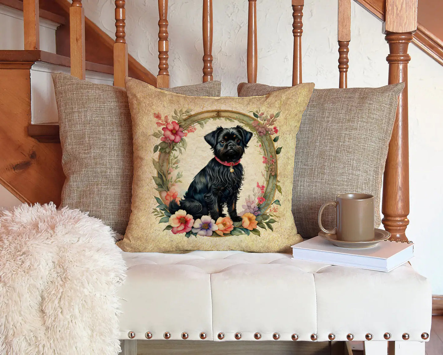 Affenpinscher and Flowers Throw Pillow