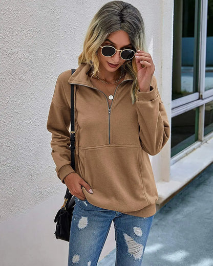 PRETTYGARDEN Women's Casual Long Sleeve Lapel Zipper Sweatshirt Drawstring Loose Pullover Tops Coffee X-Large