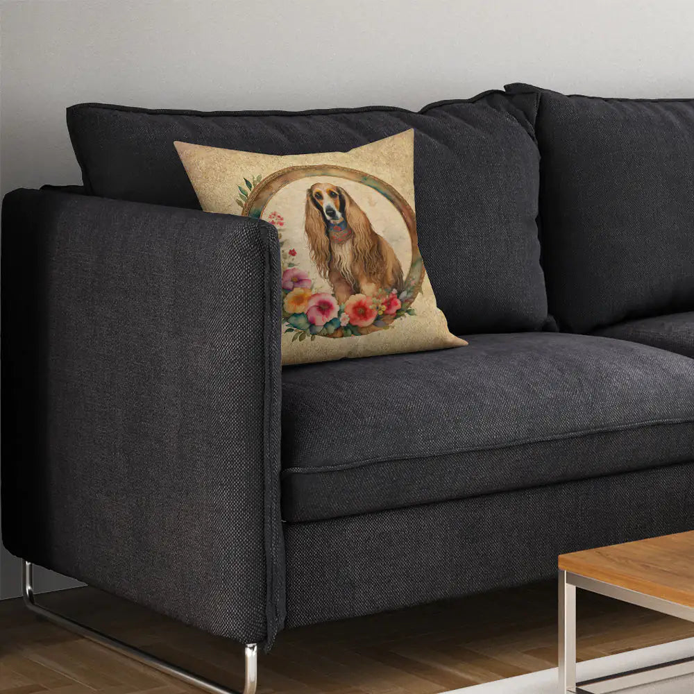 Afghan Hound and Flowers Throw Pillow