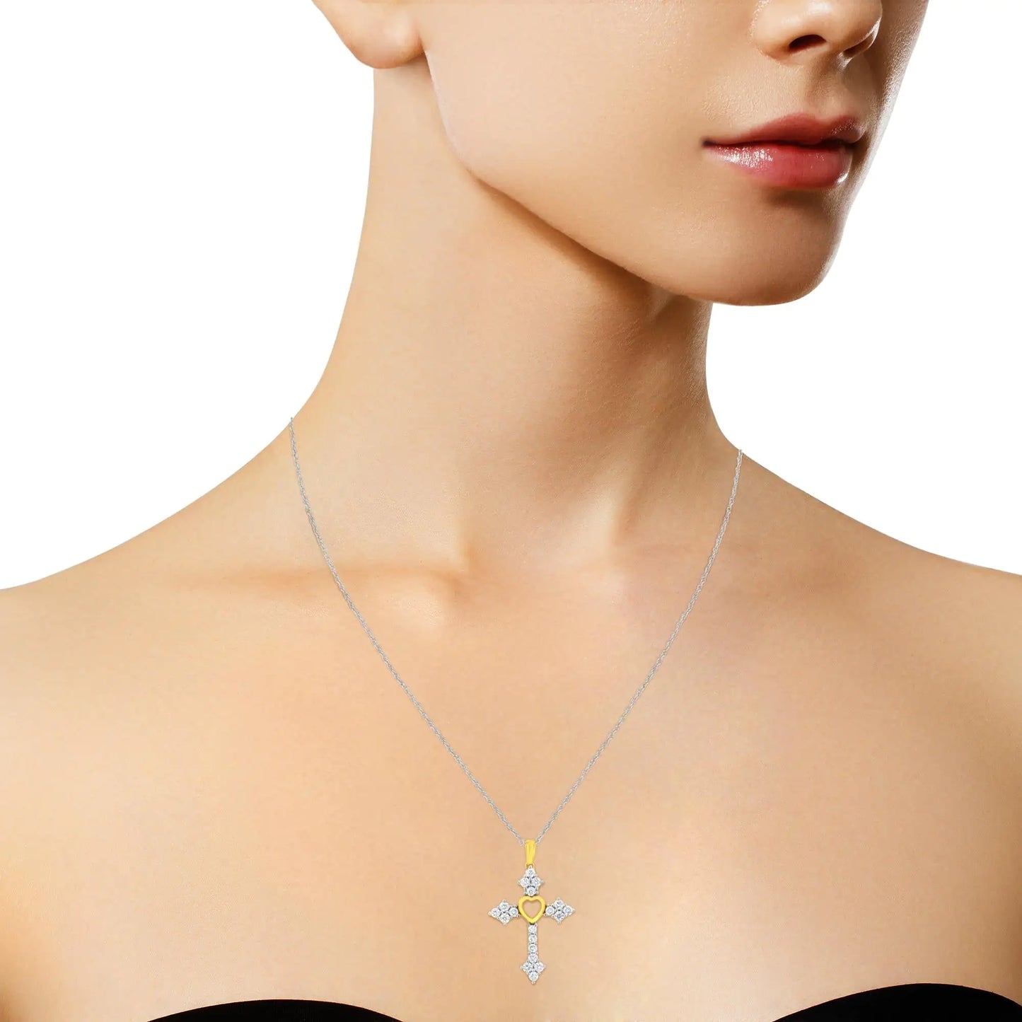 10k Yellow Gold Plated Sterling Silver 3/4 cttw Lab Grown Diamond Cross Pendant Necklace (F-G Color, VS2-SI1 Clarity)