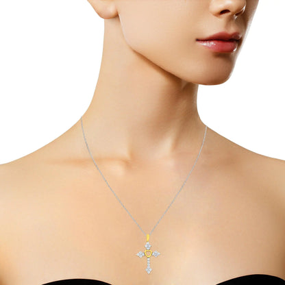 10k Yellow Gold Plated Sterling Silver 3/4 cttw Lab Grown Diamond Cross Pendant Necklace (F-G Color, VS2-SI1 Clarity)