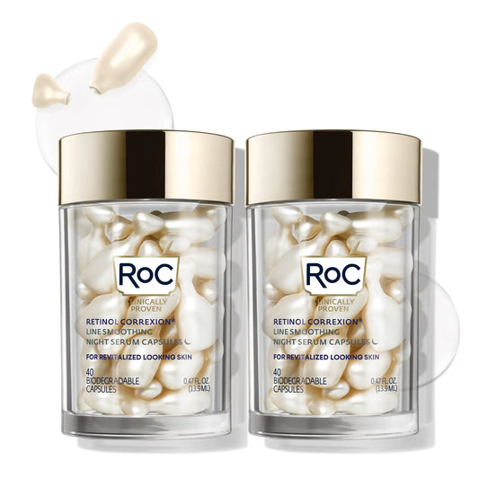 RoC Retinol Correxion Anti-Aging Wrinkle Night Serum, Daily Line Smoothing Skin Care Treatment for Fine Lines, Post-Acne Scars, 80 Capsules (Limited Edition Value Set) 2 Count