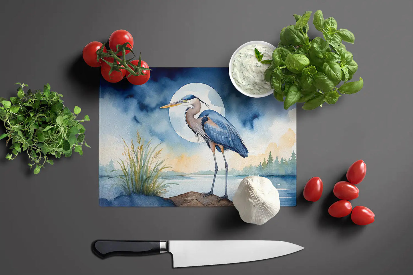 Blue Heron Under the Moonlight Glass Cutting Board