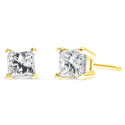 10K Yellow Gold 3/4 Cttw Princess-Cut Square Near Colorless Diamond Classic 4-Prong Solitaire Stud Earrings (J-K Color, I2-I3 Clarity)