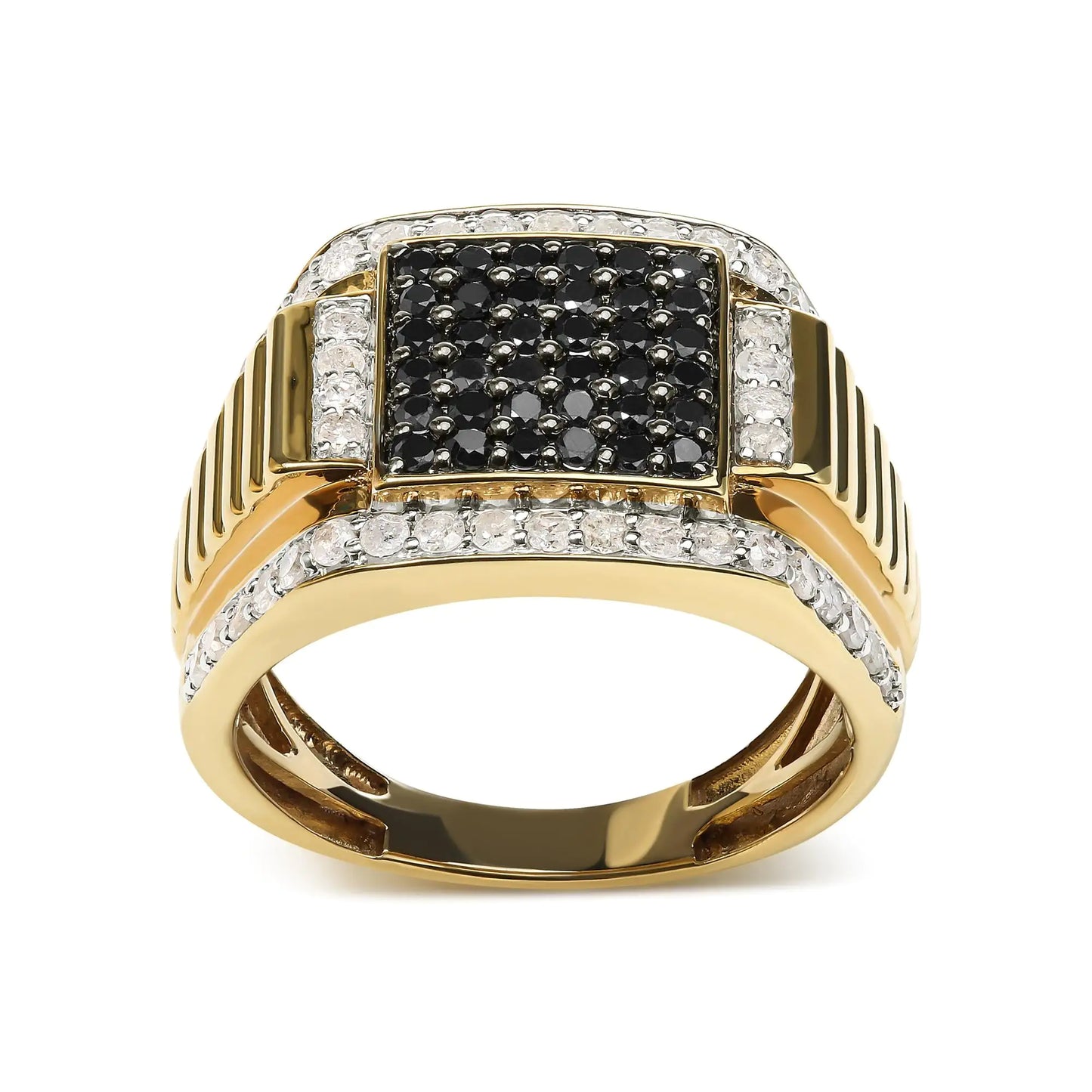 Men's 14K Yellow Gold Plated .925 Sterling Silver 1 1/2 Cttw White and Black Treated Diamond Cluster Ring (Black / I-J Color, I2-I3 Clarity)