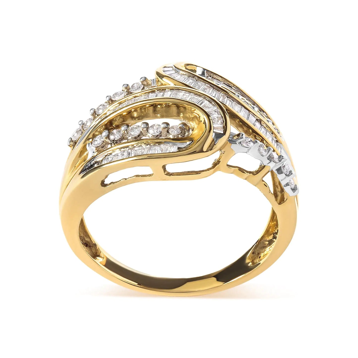 10K Yellow Gold 1/2 Cttw Round and Baguette cut Diamond Open Space Bypass Ring (H-I Color, SI2-I1 Clarity)