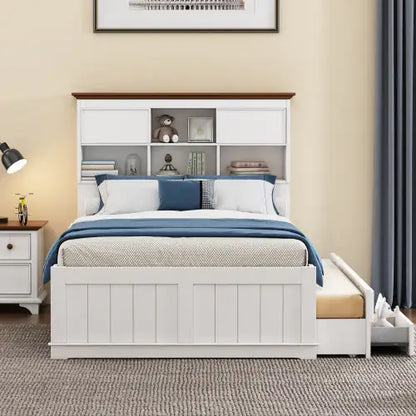 Solid Pine Captain Bookcase Bed With Trundle Bed And 3 Spacious Under Bed Drawers In Casual,Full, White Walnut