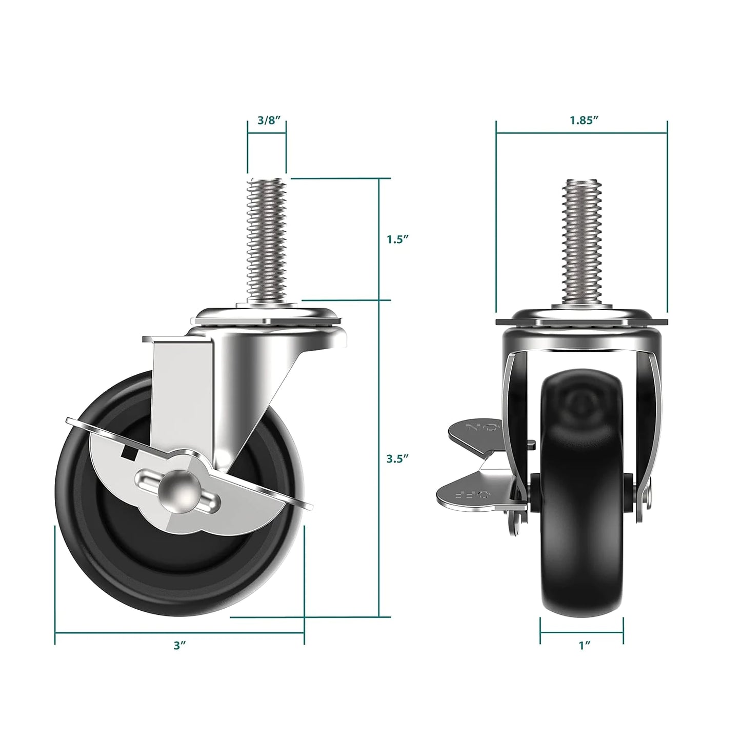 4x 3 Inch Rubber Casters Heavy Duty Safety Brake Wheels For Wire Shelving Rack