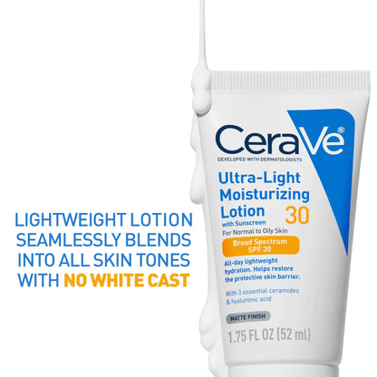 CeraVe Ultra-Light Moisturizing Lotion With SPF 30| Daily Face Moisturizer with SPF | Formulated with Hyaluronic Acid & Ceramides | Broad Spectrum SPF | Oil Free | Matte Finish | 1.7 Ounce