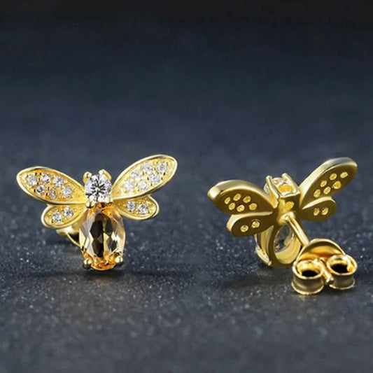 Amber Crystal Earrings with Bee CZ Wings