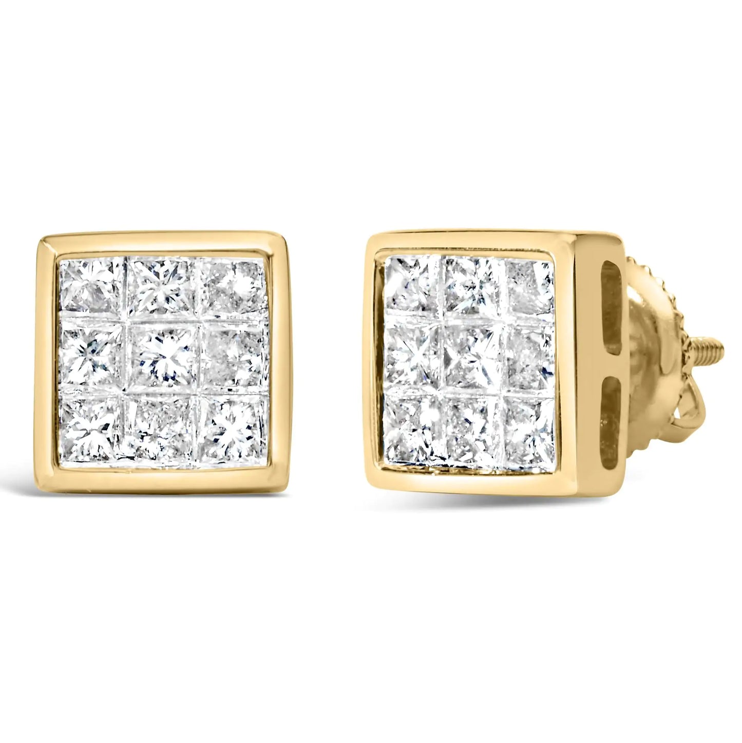 14K Yellow Gold 1.0 Cttw Princess Cut Diamond Composite Stud Earrings with Screw Backs (J-K Color, SI1-SI2 Clarity)