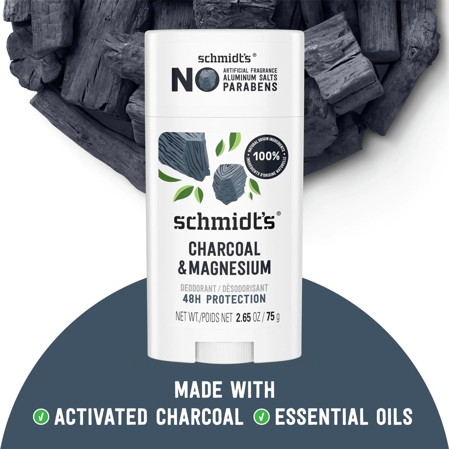 Schmidt's Aluminum-Free Vegan Deodorant Charcoal & Magnesium with 24 Hour Odor Protection, 4 Count for Women and Men, Natural Ingredients, Cruelty-Free, 2.65 oz