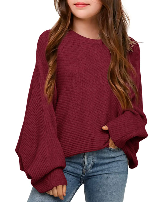 Mafulus Girl's Oversized Crewneck Fall Sweaters Kids Batwing Long Sleeve Slouchy Chunky Cute Pullover Jumper Shirts 5-14T 9-10 Years Burgundy