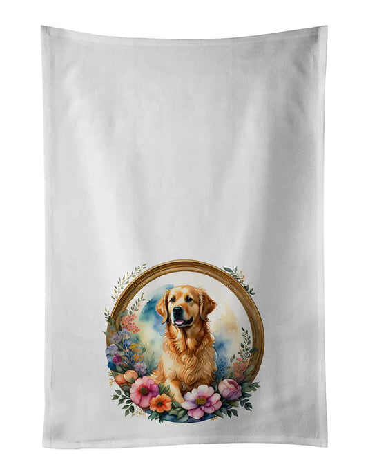 Golden Retriever and Flowers Kitchen Towel Set of 2